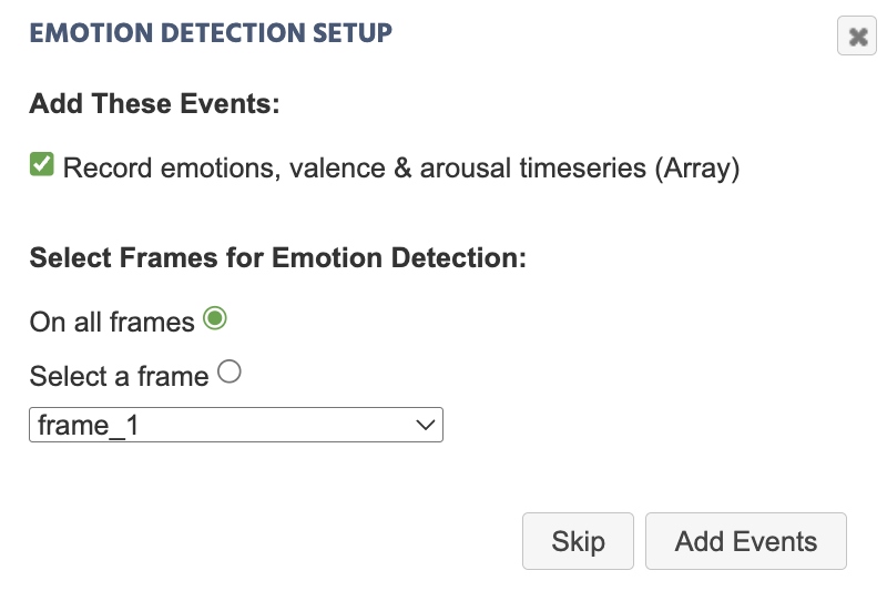 Emotion Detection events dialog box for setting up events automatically for data recording in Labvanced.