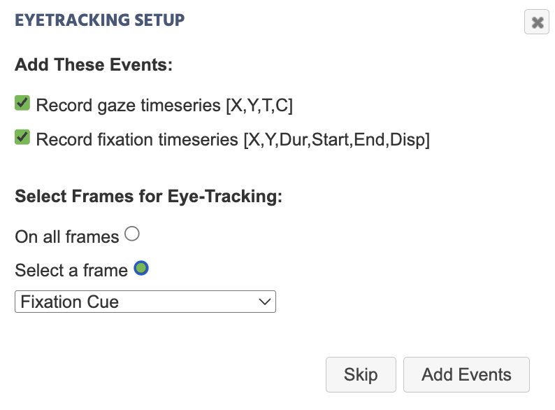remote eye tracking events dialog box for setting up events automatically for data recording in Labvanced.
