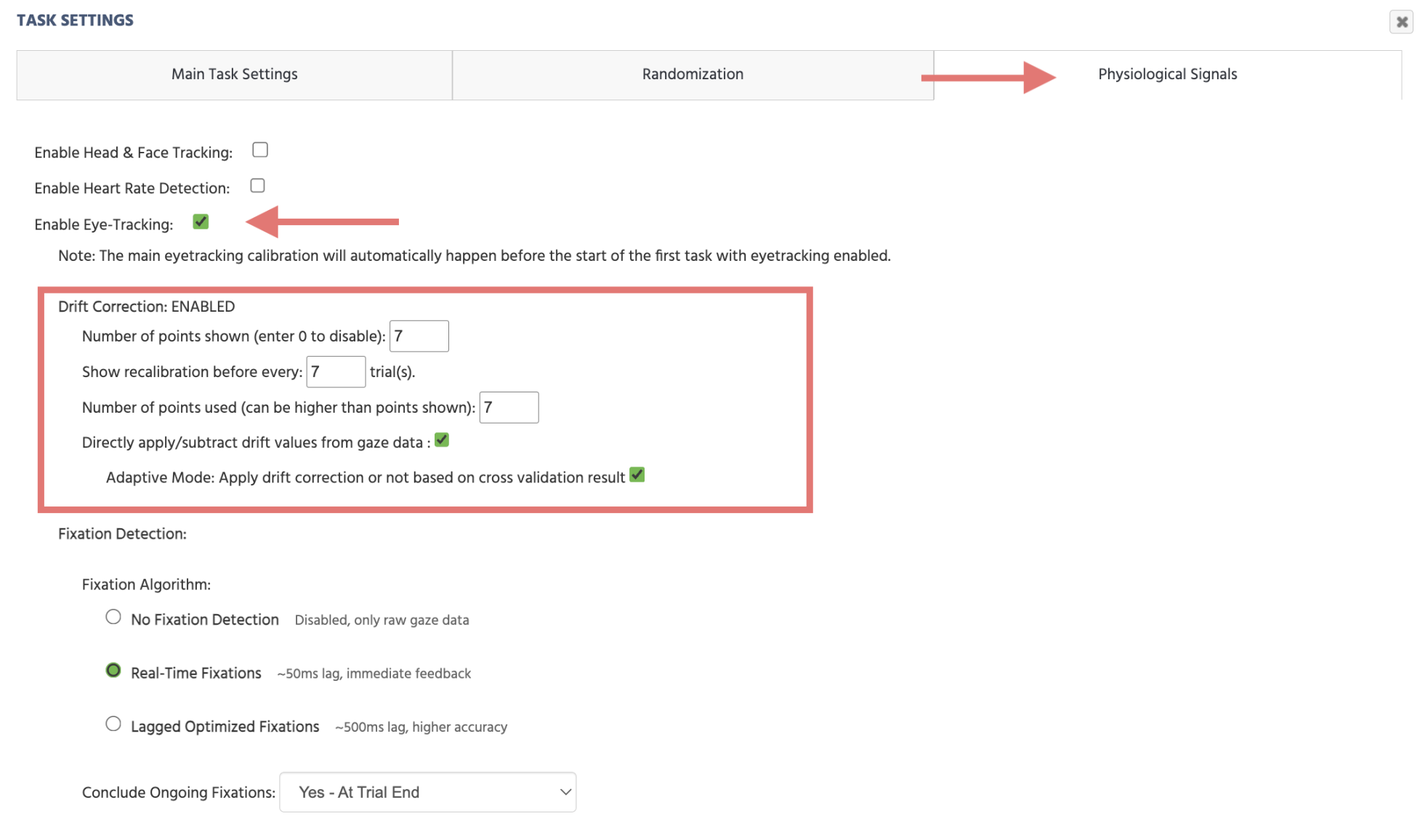 Activating Eye Tracking under the Physiological Signals tab in the Task Settings Menu in Labvanced.