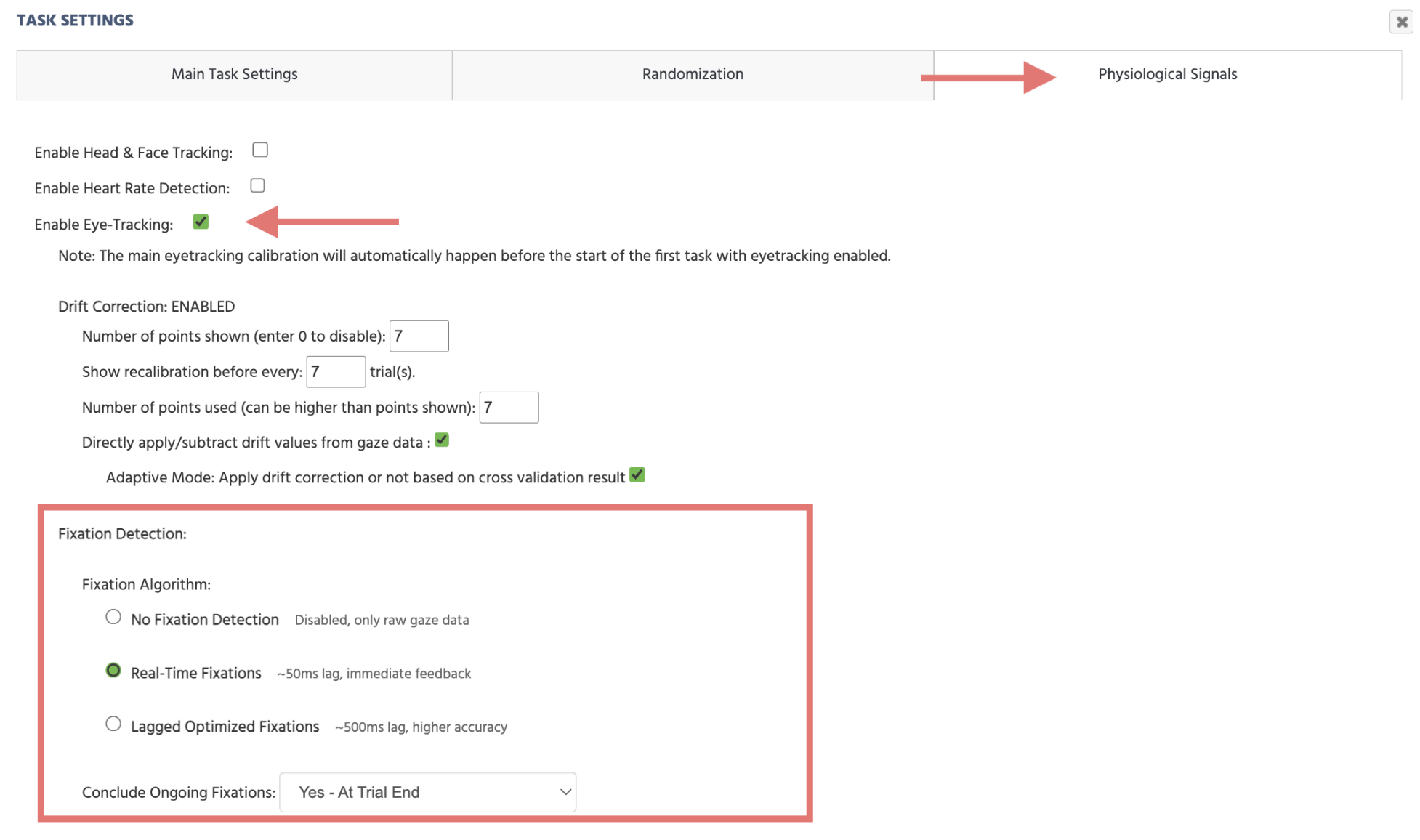 Activating Eye Tracking and Fixations under the Physiological Signals tab in the Task Settings Menu in Labvanced.