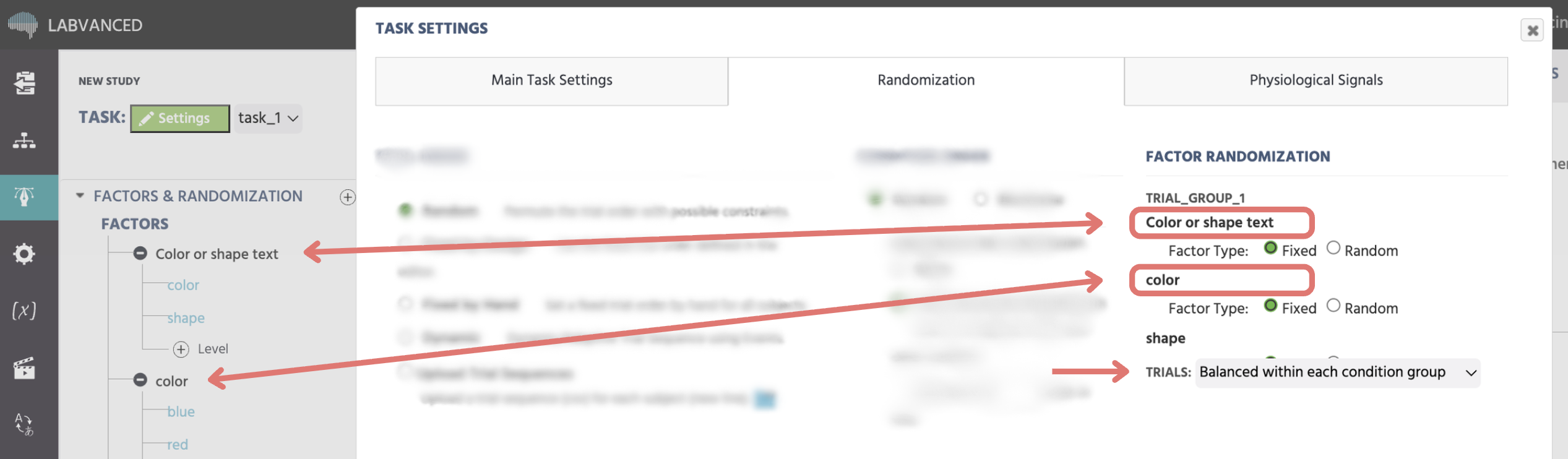Factor Randomization section of the Randomizations tab under Task Settings in Labvanced.