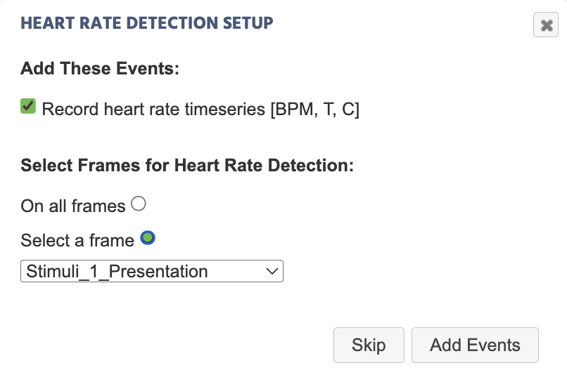 remote Heart Rate Detection events dialog box for setting up events automatically for data recording in Labvanced.