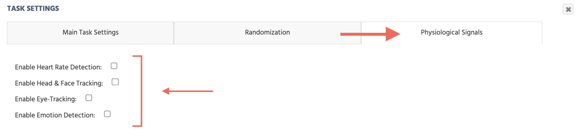 The Physiological Signals tab under Task Settings in Labvanced.