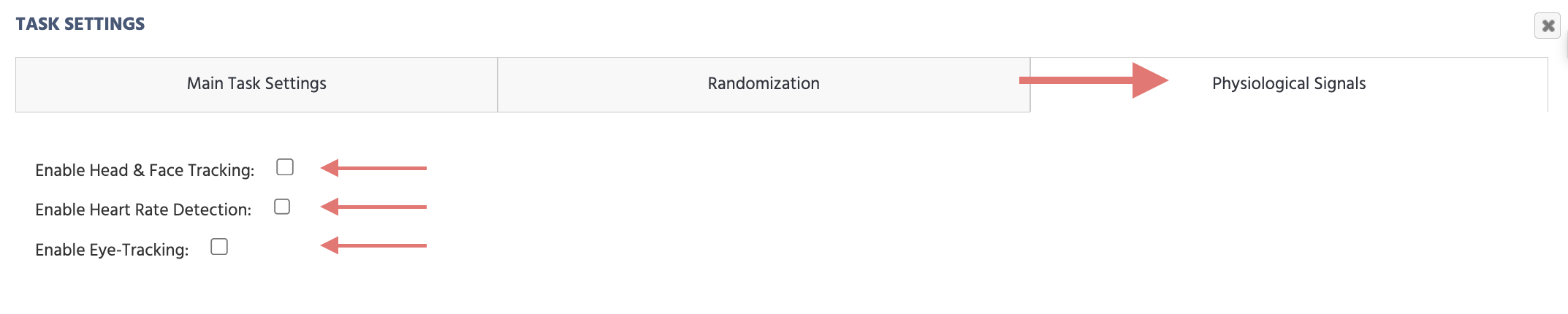 The Physiological Signals tab under Task Settings in Labvanced.