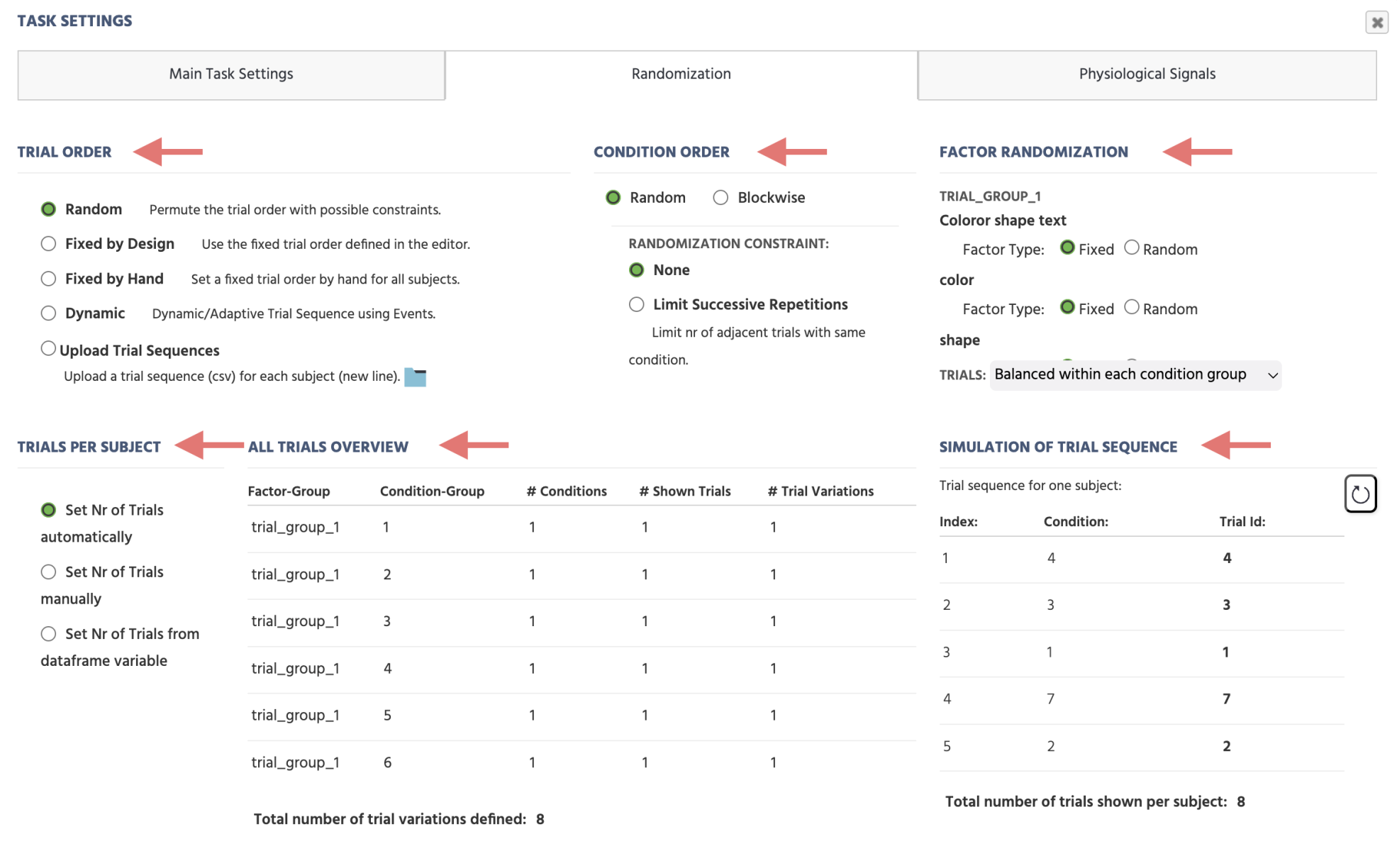 Randomization settings dialog in Labvanced.