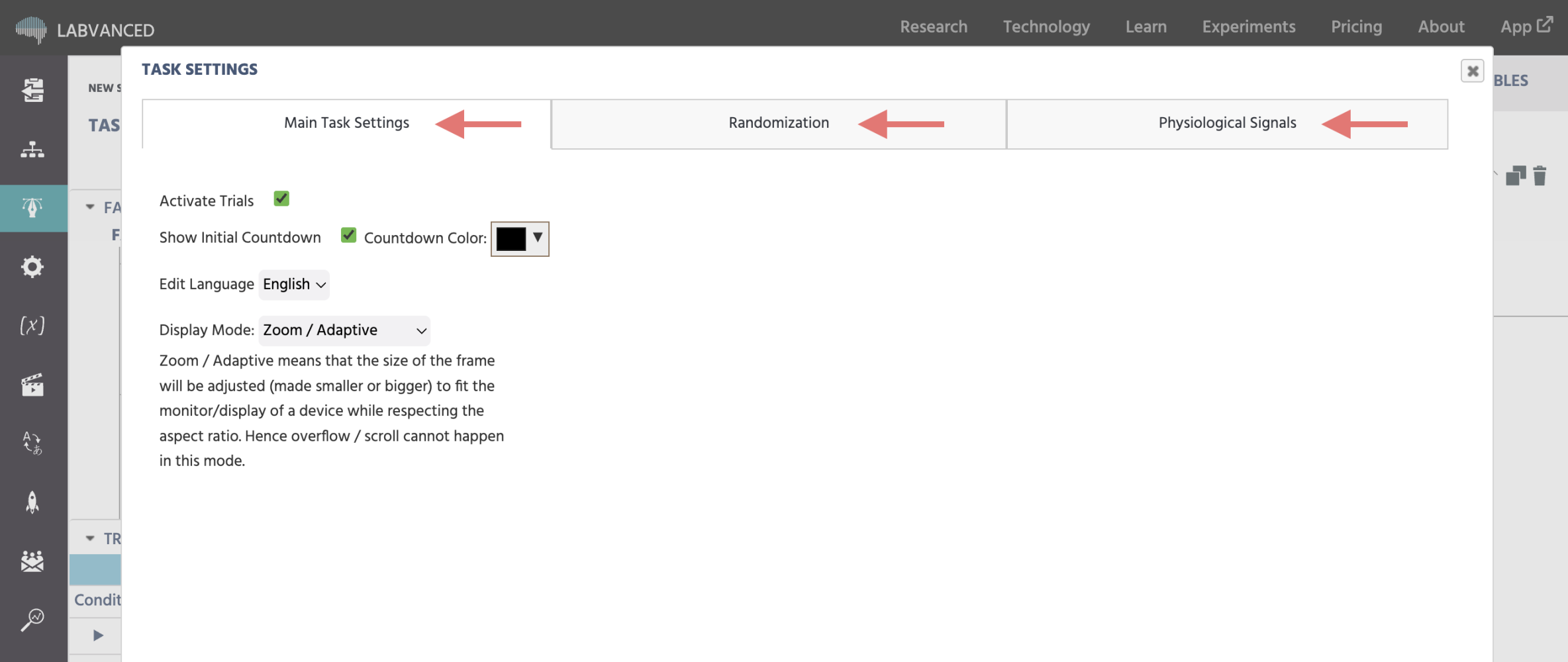 Task Settings Dialog in Labvanced.