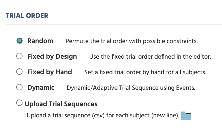 Trial Order section of the Randomizations tab under Task Settings in Labvanced.