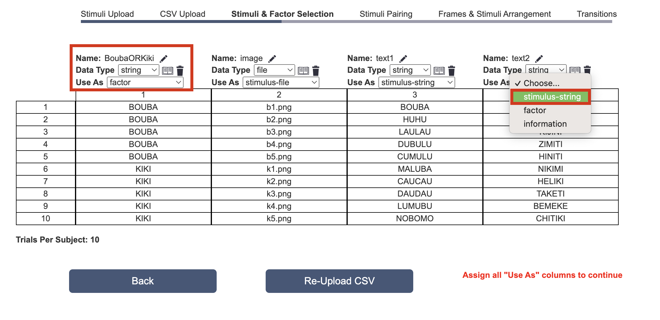 指定 CSV 电子表格列如何用于构建实验.