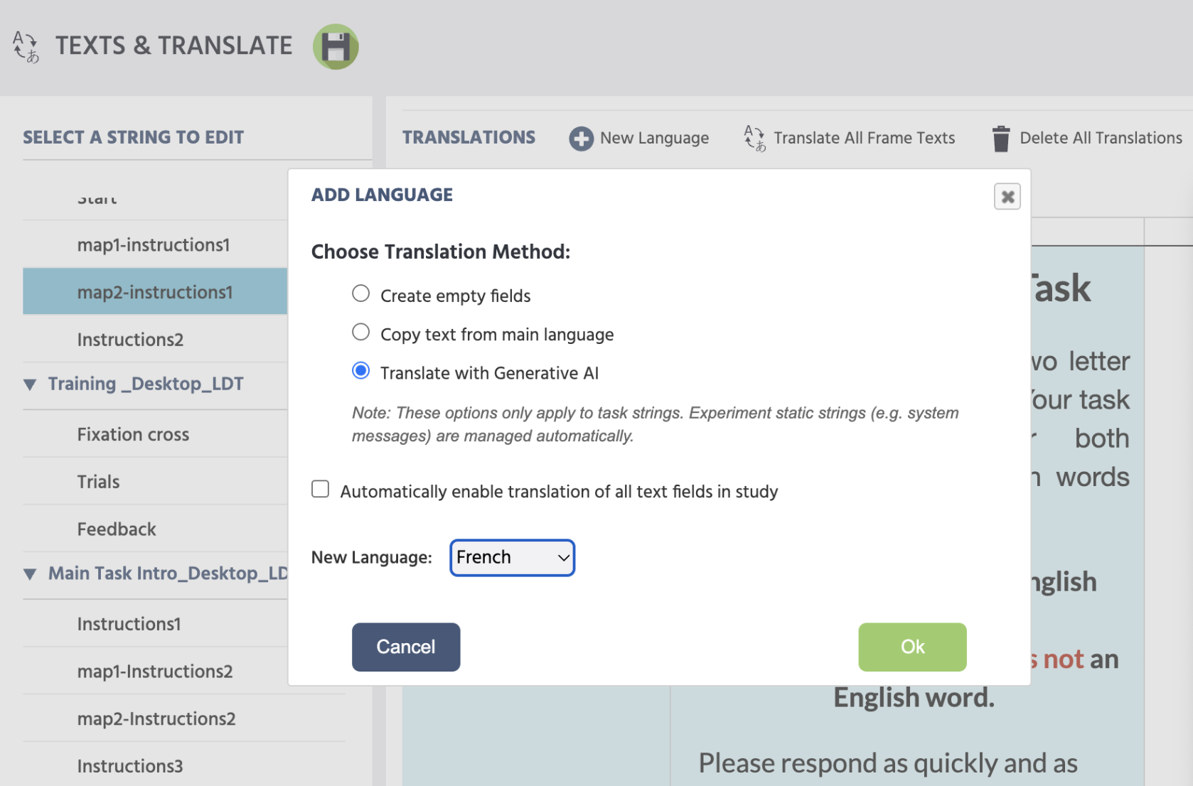 Labvancedの言語を追加するダイアログで生成的AIによる翻訳オプションが選択されているところ。