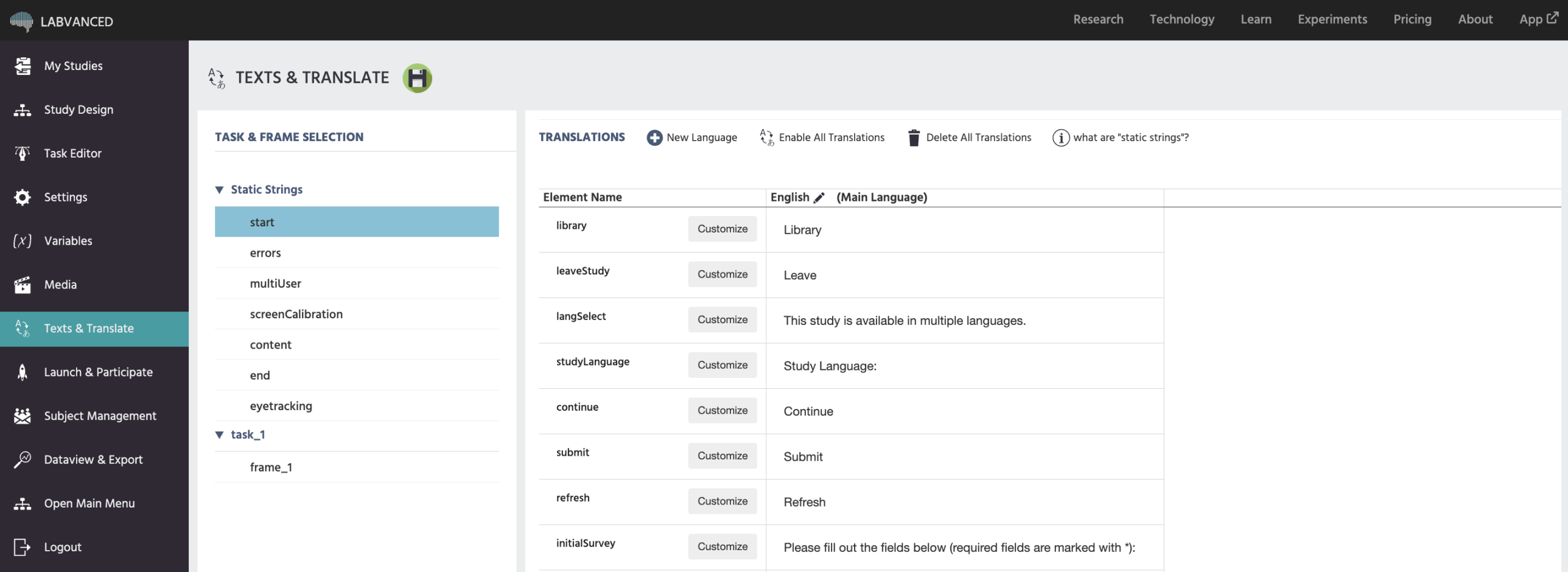 Labvancedのテキストと翻訳タブのプレビュー。