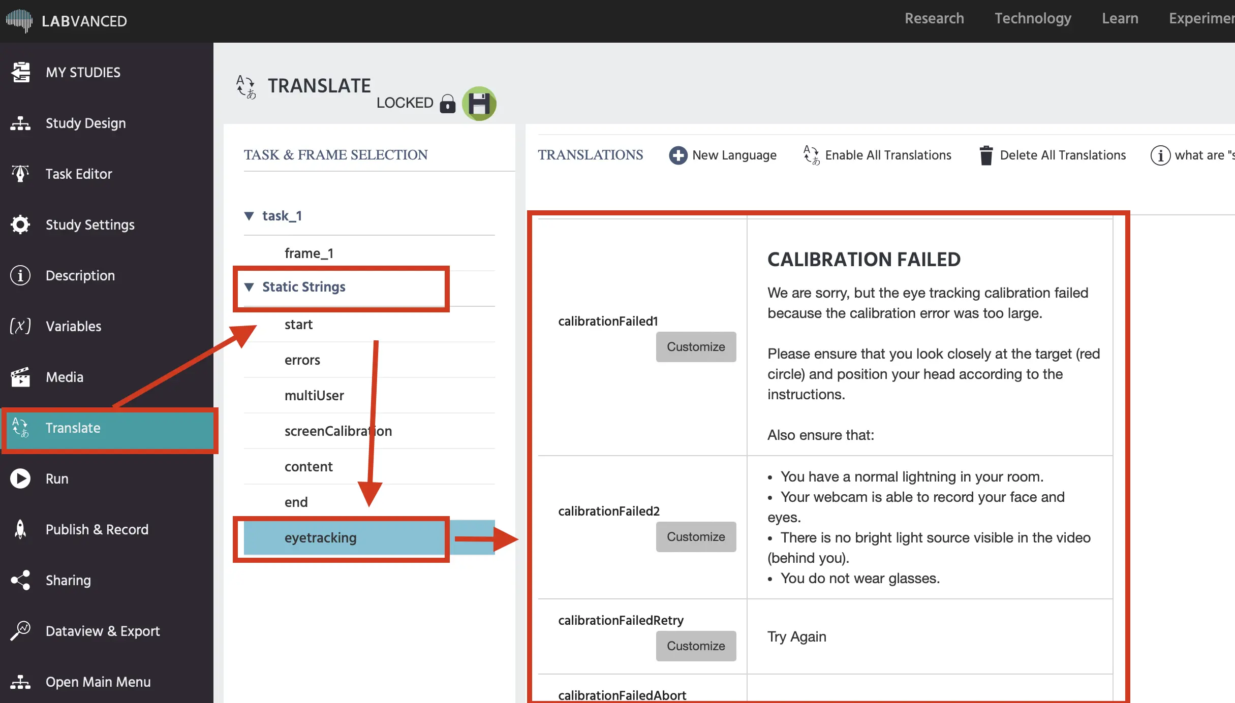 Modification des instructions de calibration dans Labvanced