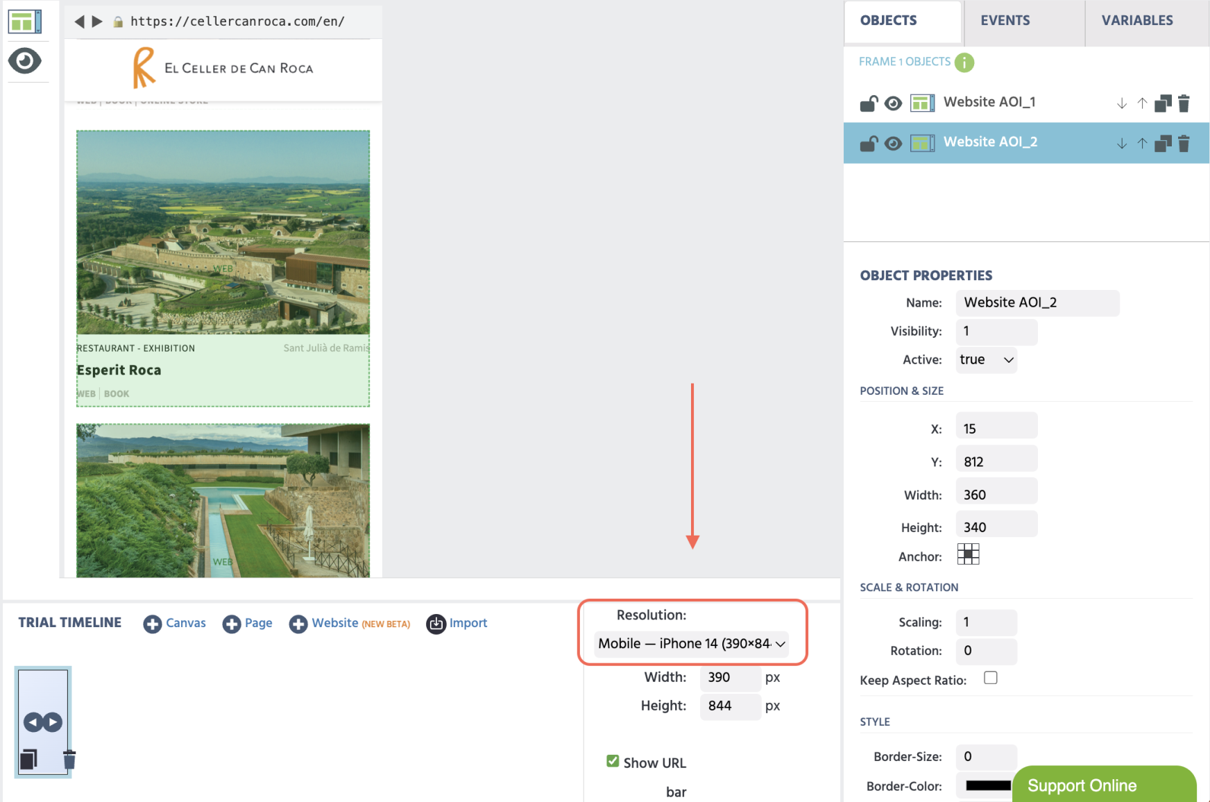 Mobile-based website embedding and AOI preview