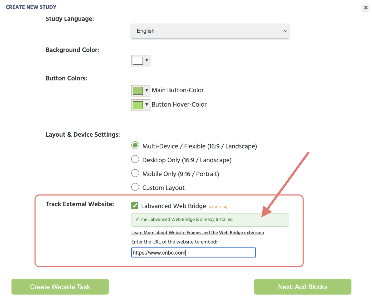 Green confirmation message upon creating a new study in Labvanced confirming that the Web Bridge Extension is installed and working.