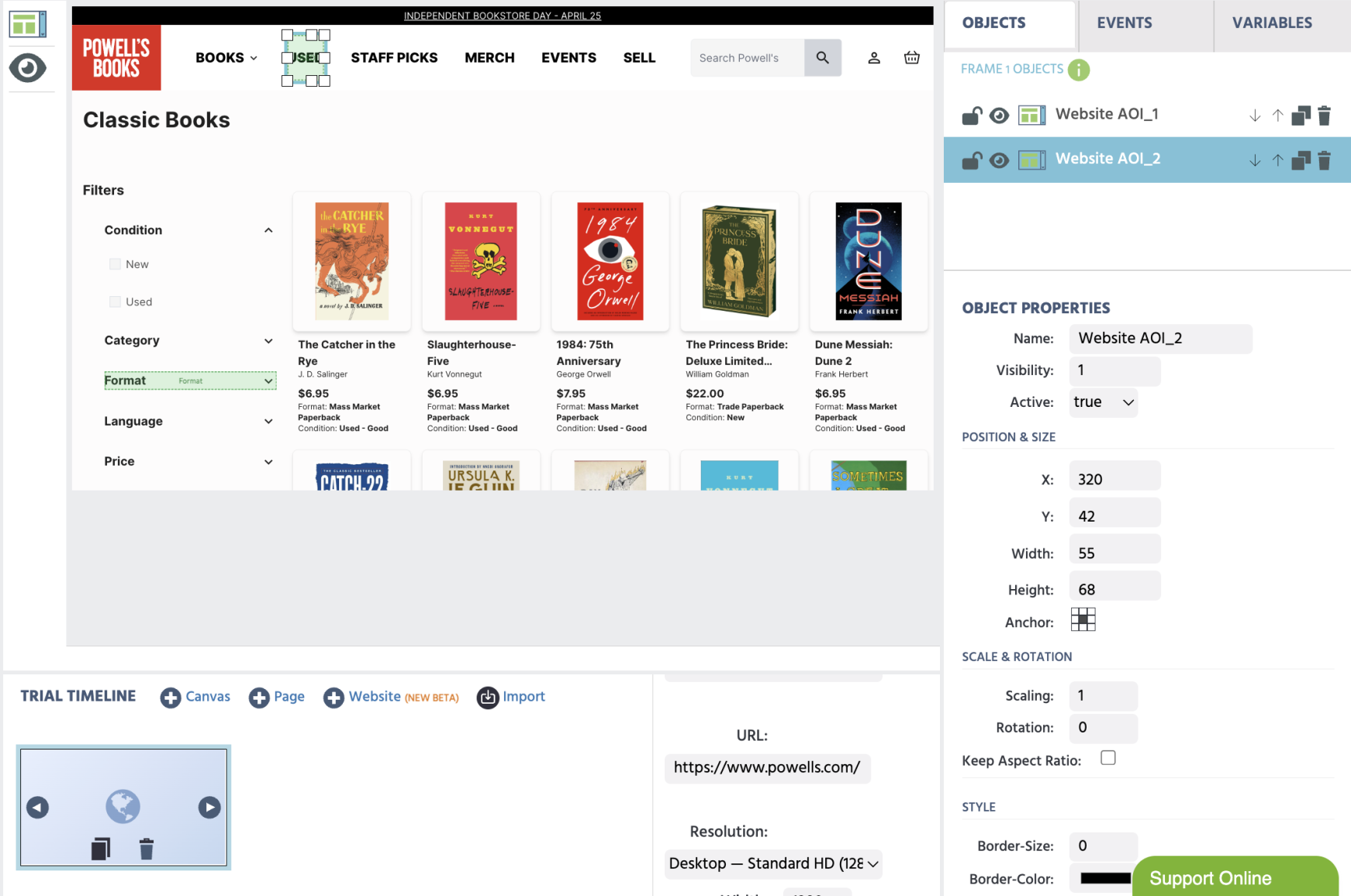 Example of a bookstore website e-shop embedded in Labvanced