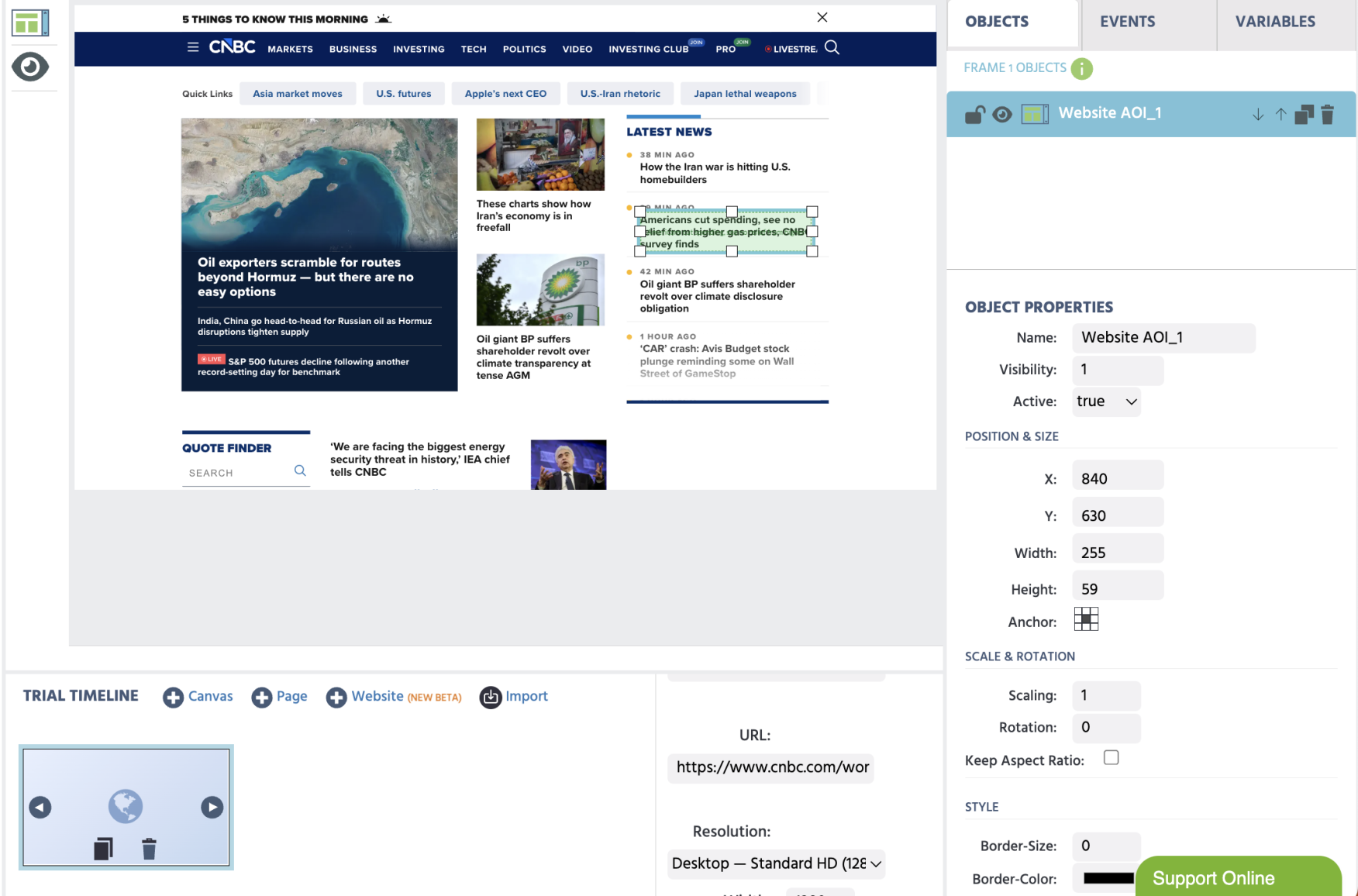Example of a news website embedded in Labvanced