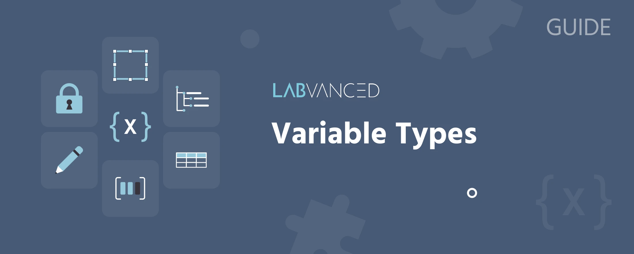Visión visual de los seis tipos de variables de Labvanced como mosaicos distintos: sistema, factor, objeto, personalizada, arreglo y marco de datos