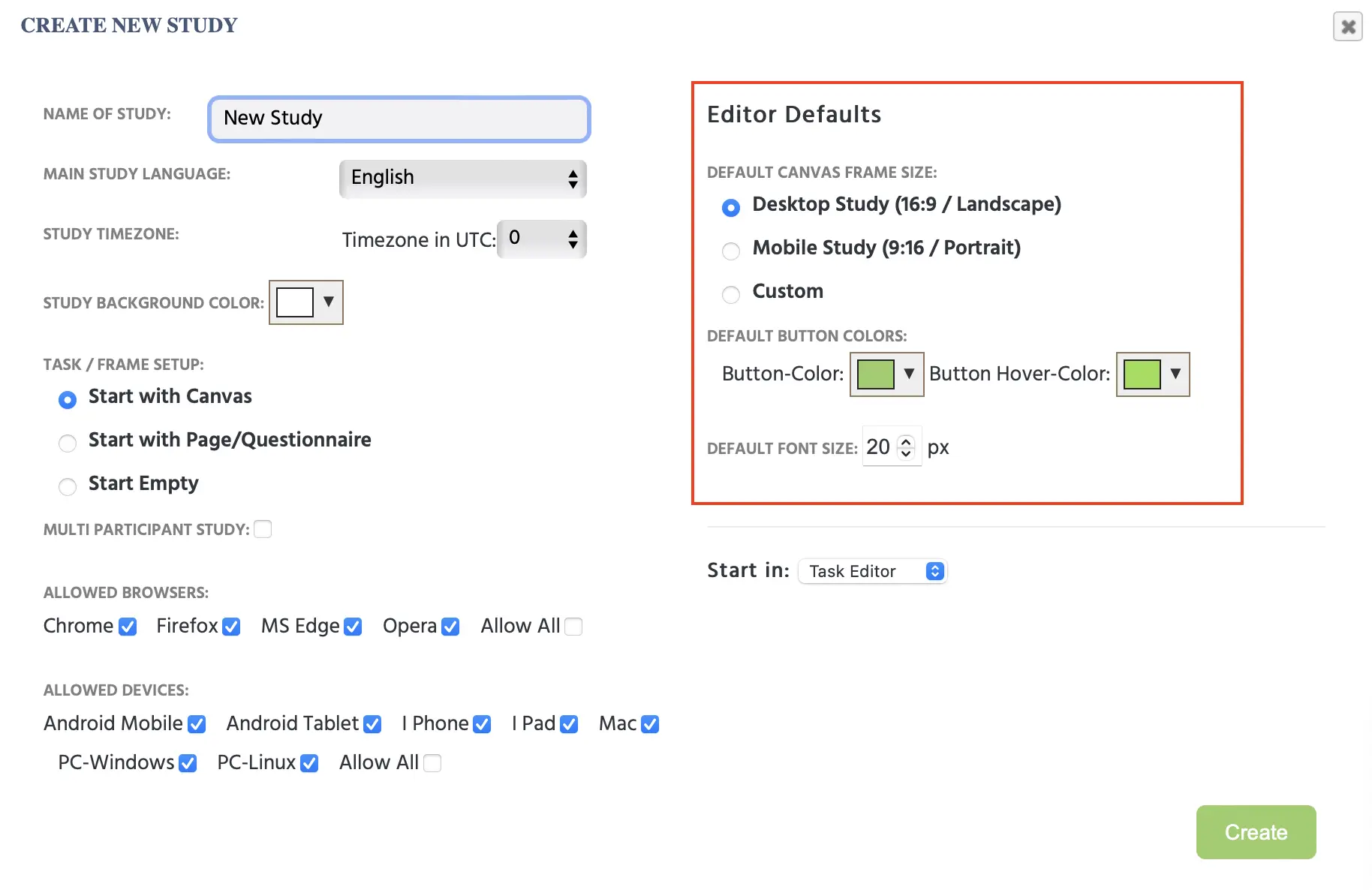 Nueva configuración en Labvanced para crear estilo predeterminado para botones