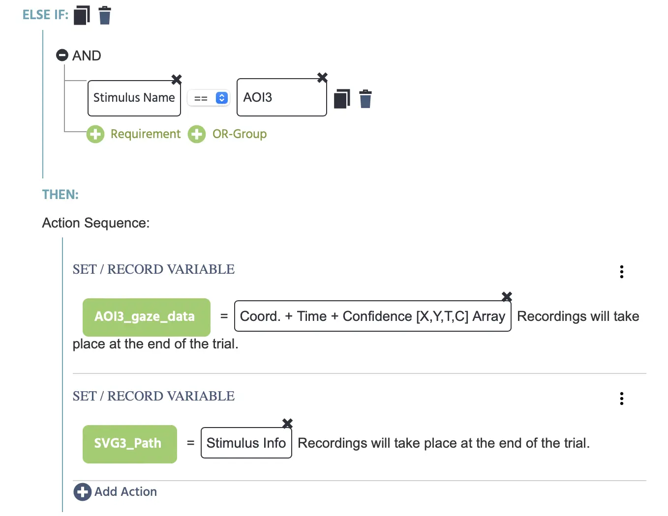 Specifying that when the gaze is on AOI3 then the gaze array coordinates and the SVG path are recorded.