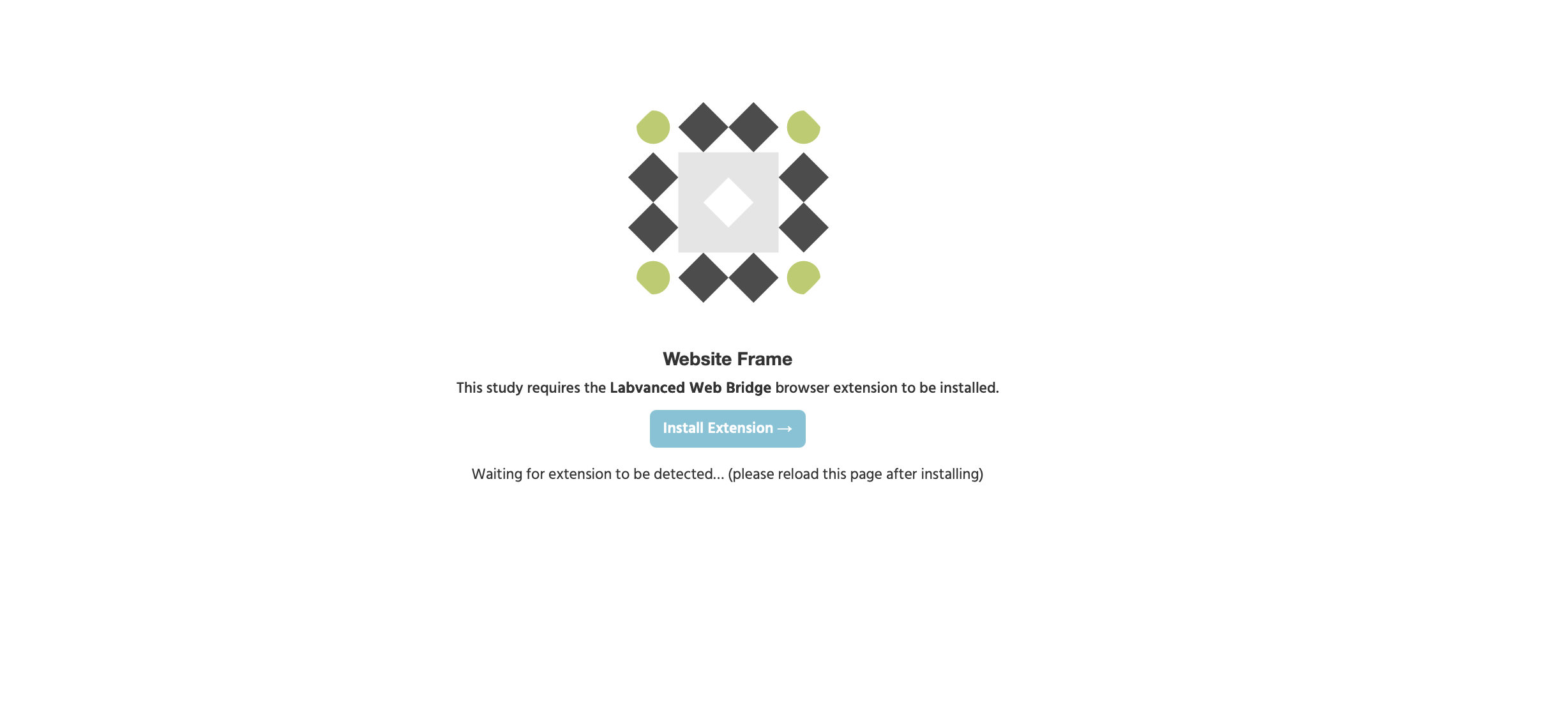 Aviso dirigido al participante pidiendo instalar la extensión del navegador Labvanced Web Bridge antes de que el estudio pueda continuar
