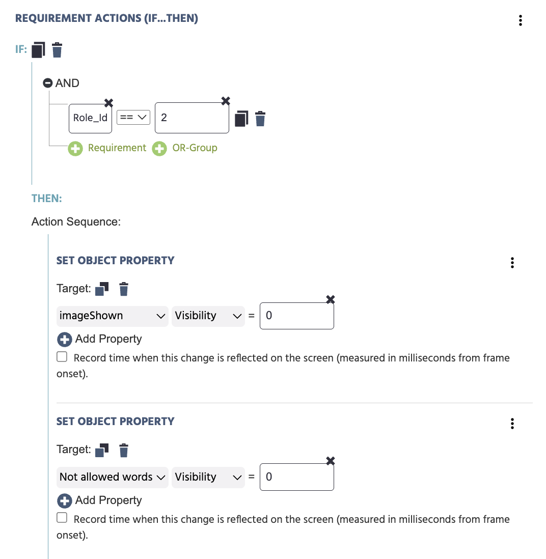 A Requirement Action checking Role_Id equal to 2, whose Then block runs two Set Object Property actions hiding the imageShown and Not allowed words objects