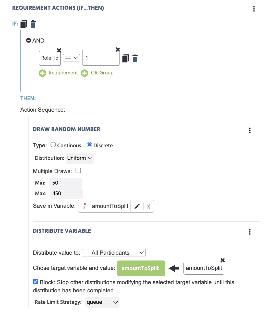 A Requirement Action checking Role_Id equal to 1, whose Then block runs Draw Random Number saving to amountToSplit, followed by a Distribute Variable action sending amountToSplit to all participants with Block enabled