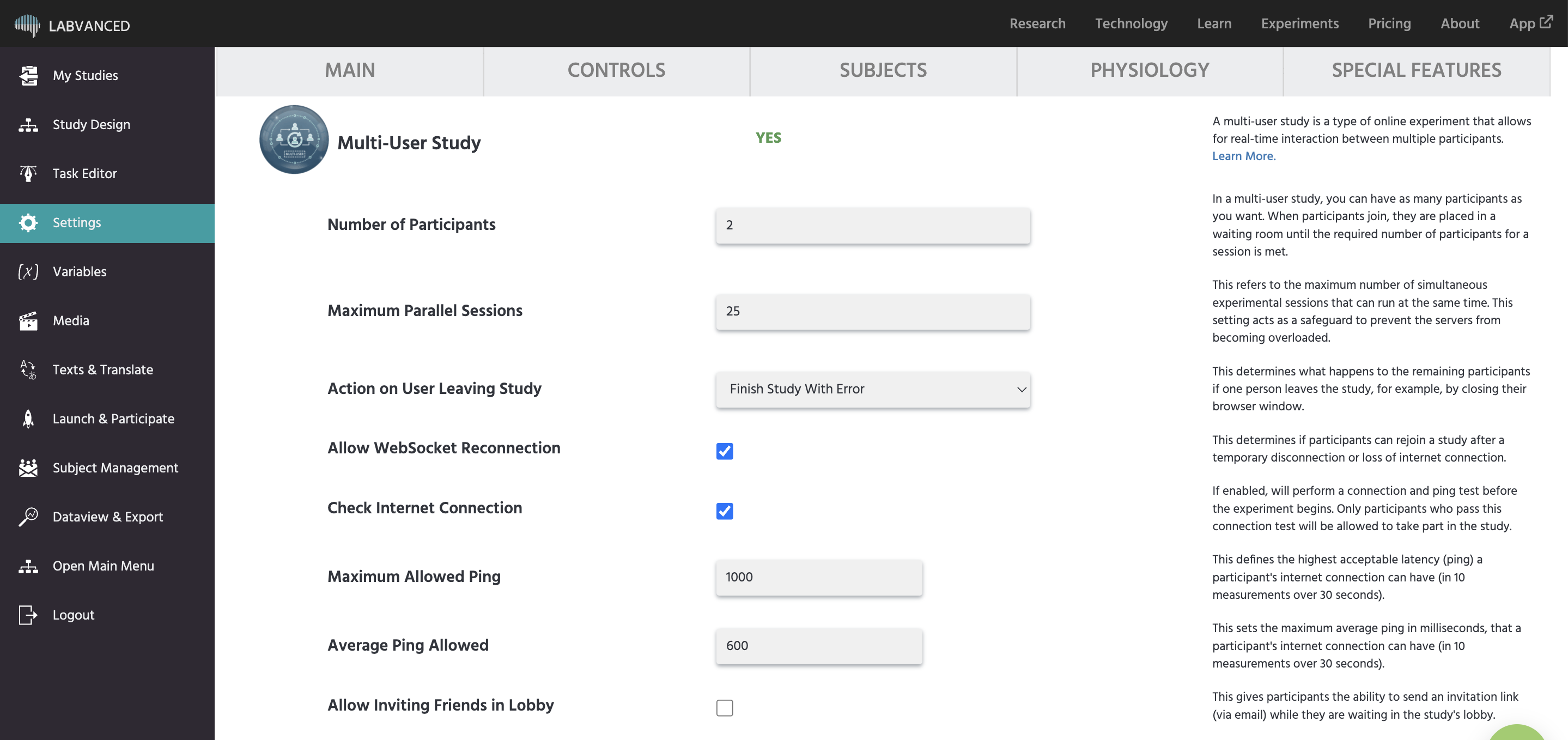 The Special Features tab in Settings with Multi-User Study transformed, showing Number of Participants, Maximum Parallel Sessions, and other multi-user options