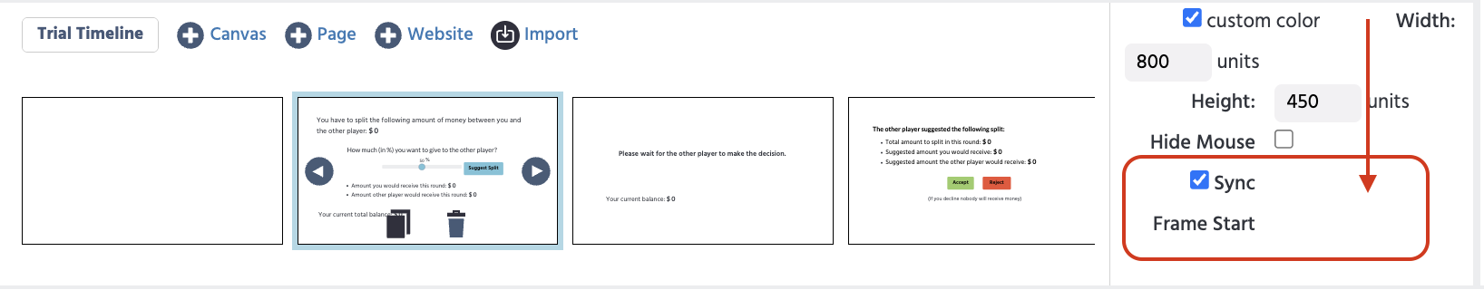 Frame Settings panel with the Sync Frame Start checkbox enabled, shown alongside the Trial Timeline for a split-the-money style multi-user task
