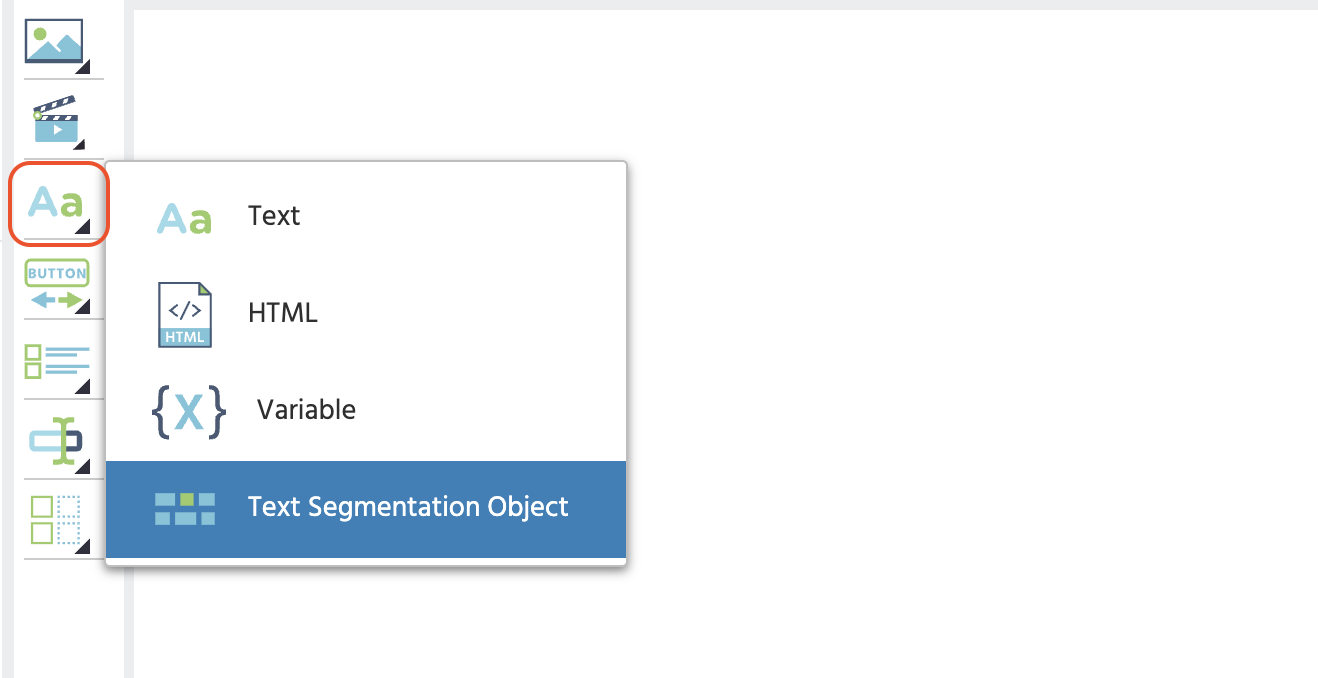 Labvanced task editor toolbar with the Text group open and Text Segmentation Object highlighted