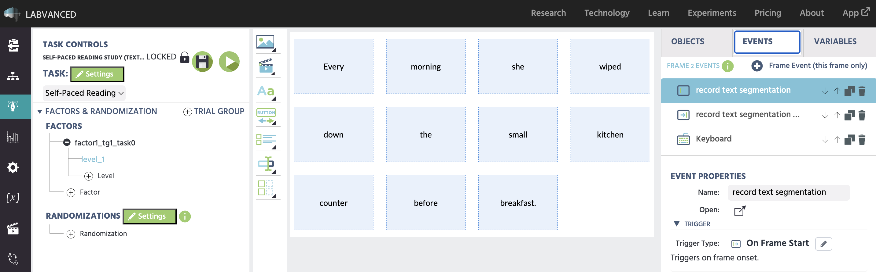 Text Segmentation Object in Grid layout showing the first stimulus sentence split into one cell per word, with the Record Text Segment AOIs event on the frame