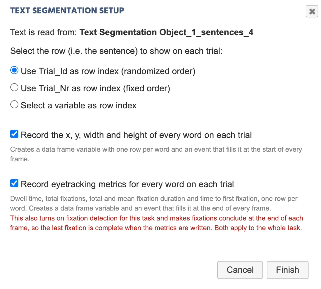 Text Segmentation Setup wizard's second screen with both Record checkboxes checked