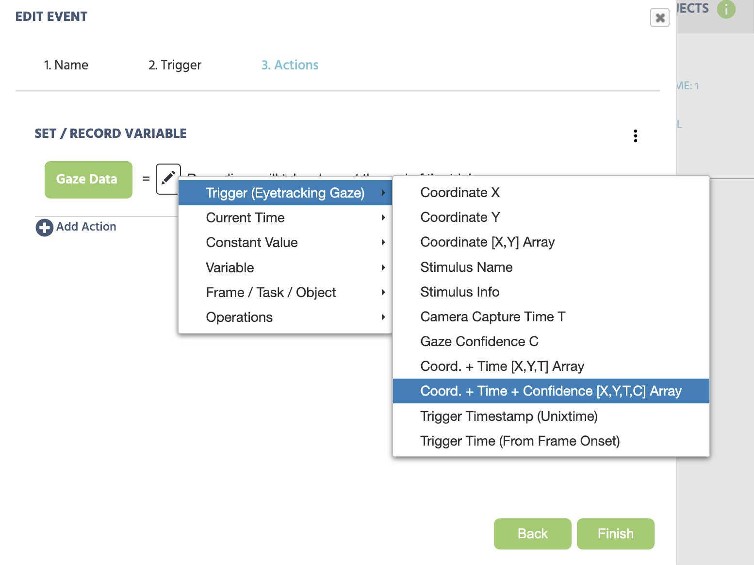 Vue de l'application Labvanced pour configurer les variables de suivi oculaire