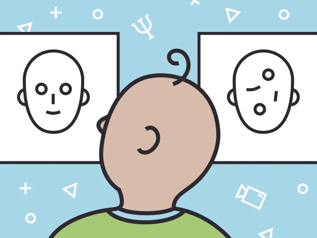 Illustration of toddler looking at an experimental image during the preferential looking paradigm task