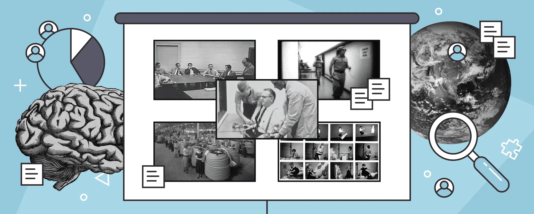 Collection of images representing 5 famous social psychology experiments