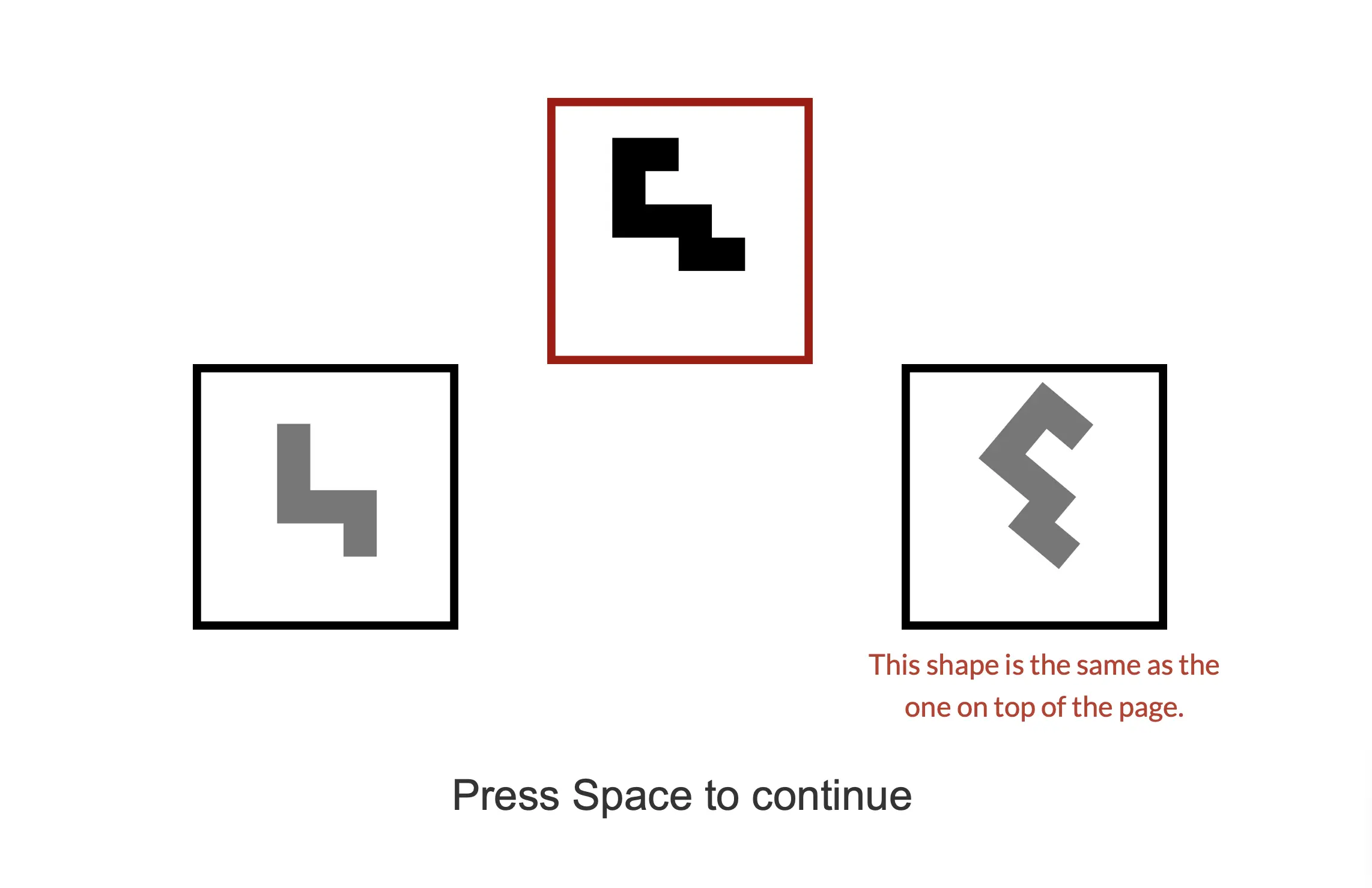 Beispiel für Stimuli, die in einer 2D-Mentalrotationsaufgabe online in Labvanced verwendet werden.