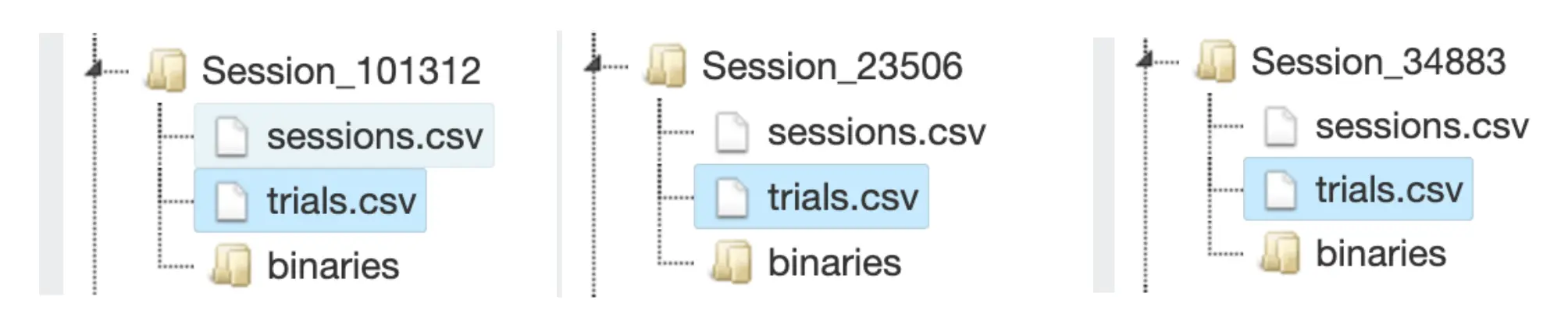 View of the Dataview & Export tab where the session and trial data for the image description gamification task is going.