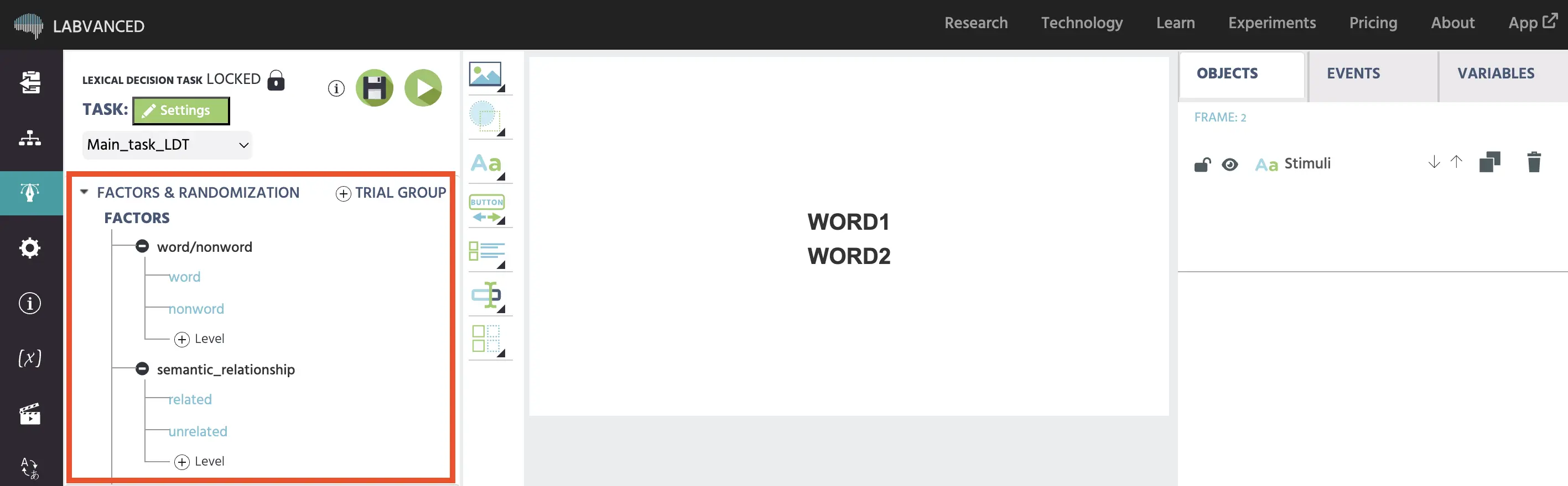 Exemple de construction de la Tâche de Décision Lexicale en ligne dans une expérience Labvanced pour étudier la compétence linguistique.