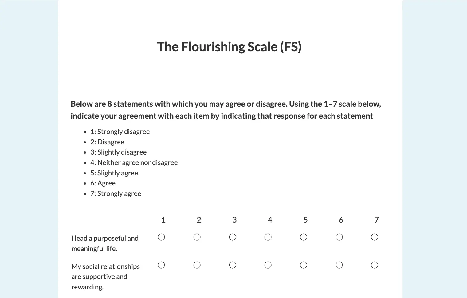 Preview of the Flourishing Scale instrument running in Labvanced.