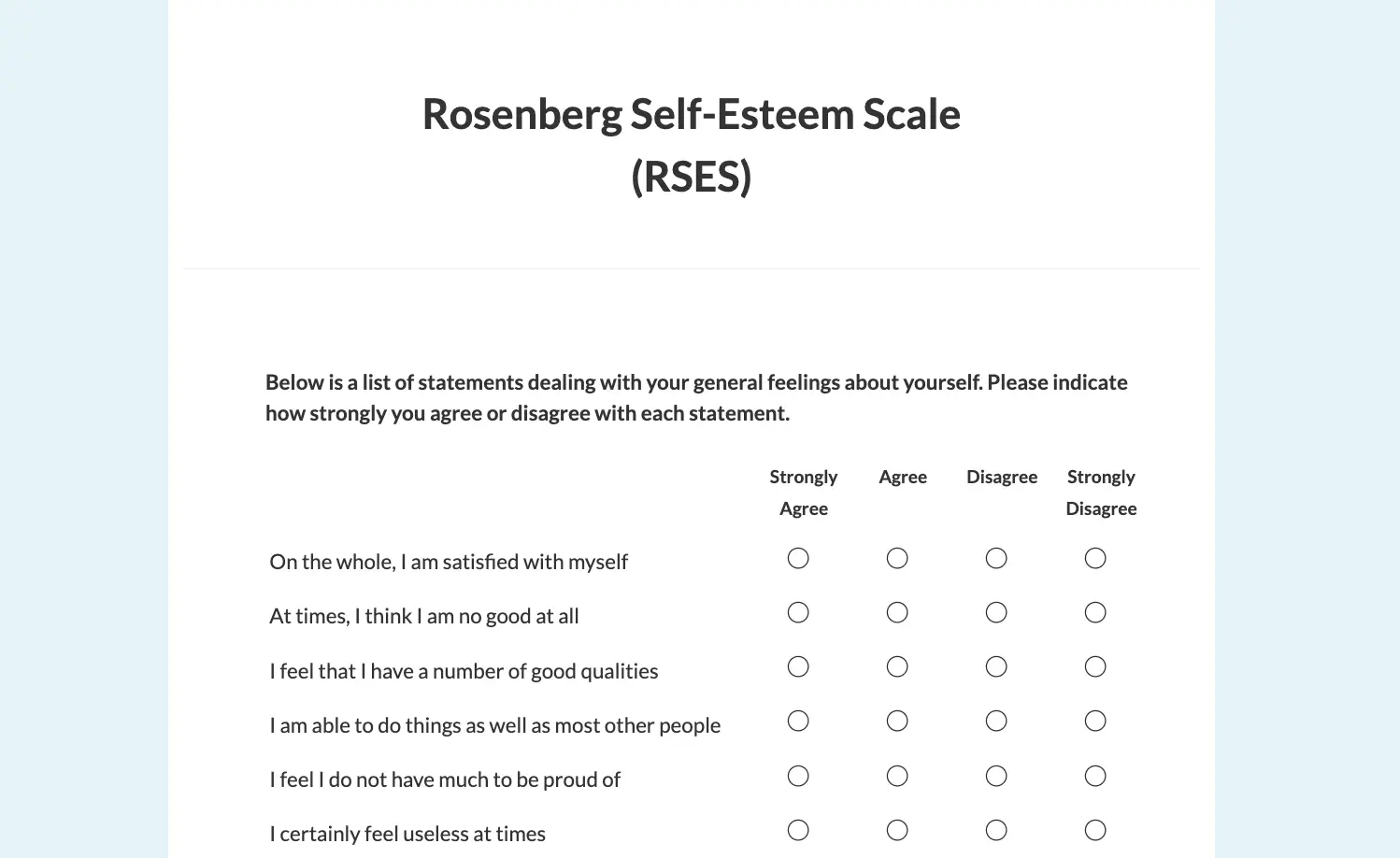 Preview of the Rosenberg Self-Esteem Scale instrument running in Labvanced.