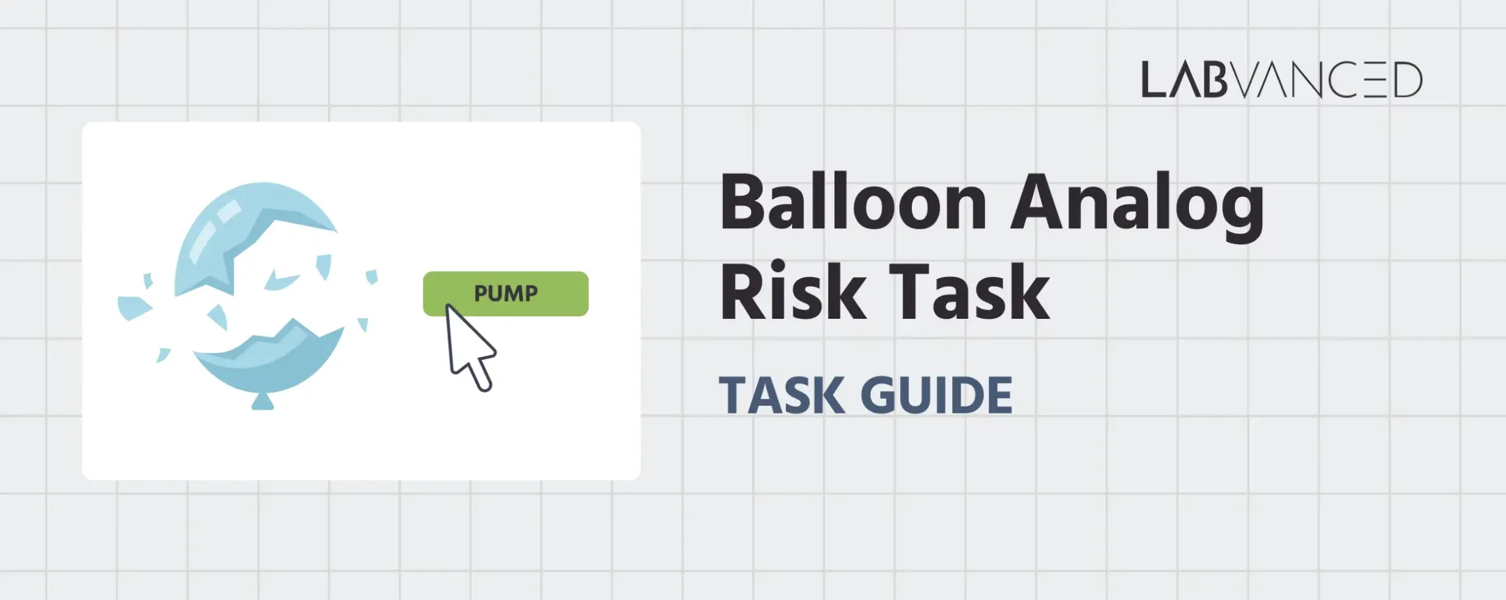 Balloon Analog Risk Task (BART) trial preview implemented in Labvanced, showing a blue balloon with pump and cash-in buttons.