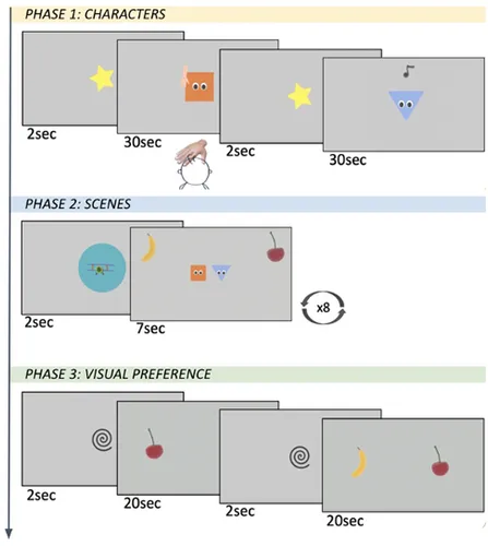 Preview of the 3 phases of experimental design implemented in Labvanced for a developmental psychology study.