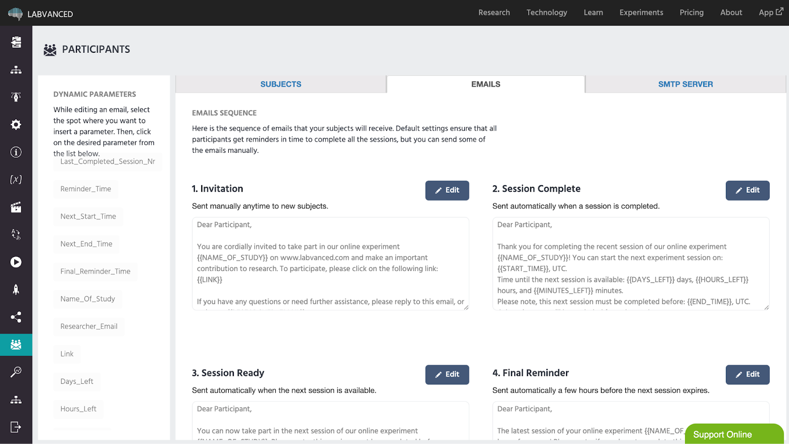 E-mail customization options in Labvanced for communicating with participants in your educational psychology or developmental psychology experiments.