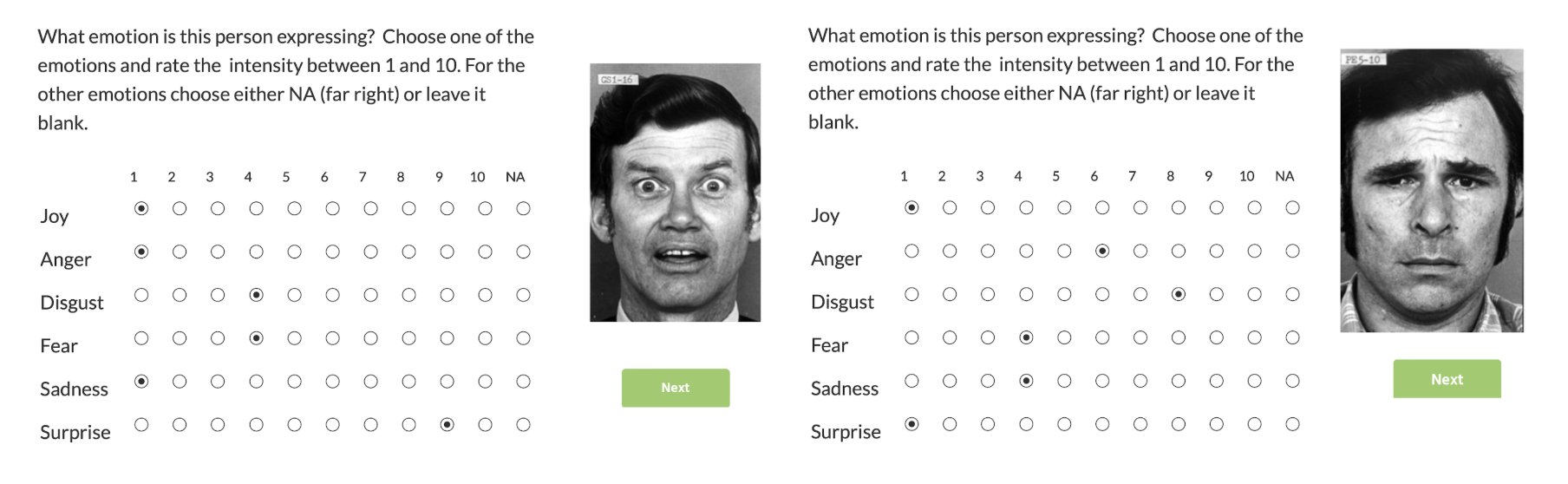 Example of two trials for an Emotional Recognition Task in Labvanced with a Matrix survey element which is important for both developmental and educational psychology research.