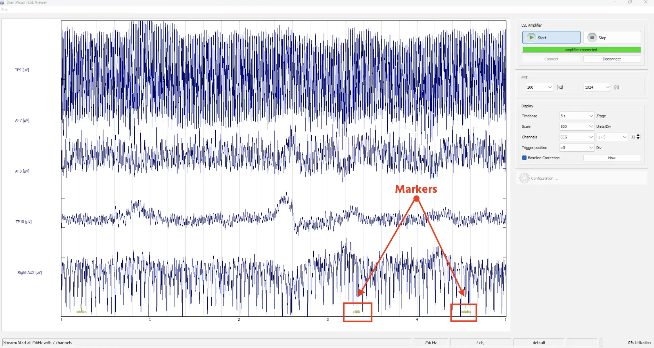 Markers created in Labvanced appear at the bottom, based on the condition type and click. 