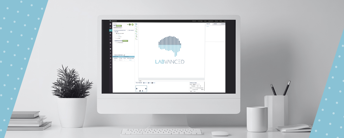 Una computadora de escritorio con el constructor de experimentos sin código de Labvanced abierto