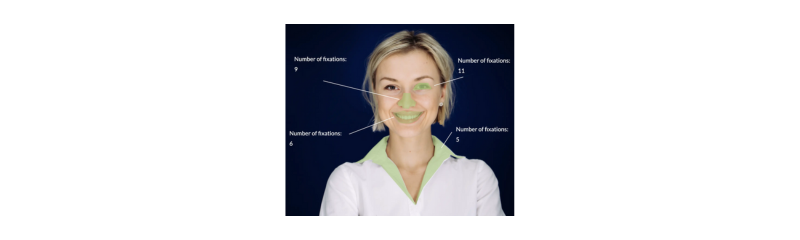 一名女性的照片，其中某些区域作为网络摄像头眼动追踪的兴趣区域