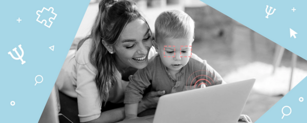 一名母亲和一个孩子参与 Labvanced 中的网络摄像头眼动追踪实验