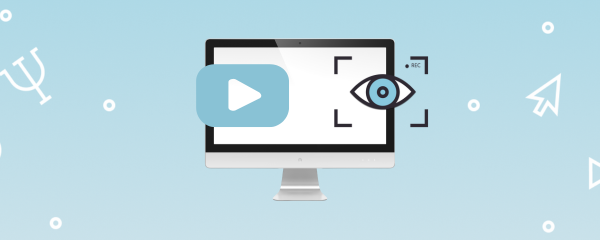 计算机、播放图标和眼睛图标的图像，象征正在运行网络摄像头眼动追踪研究