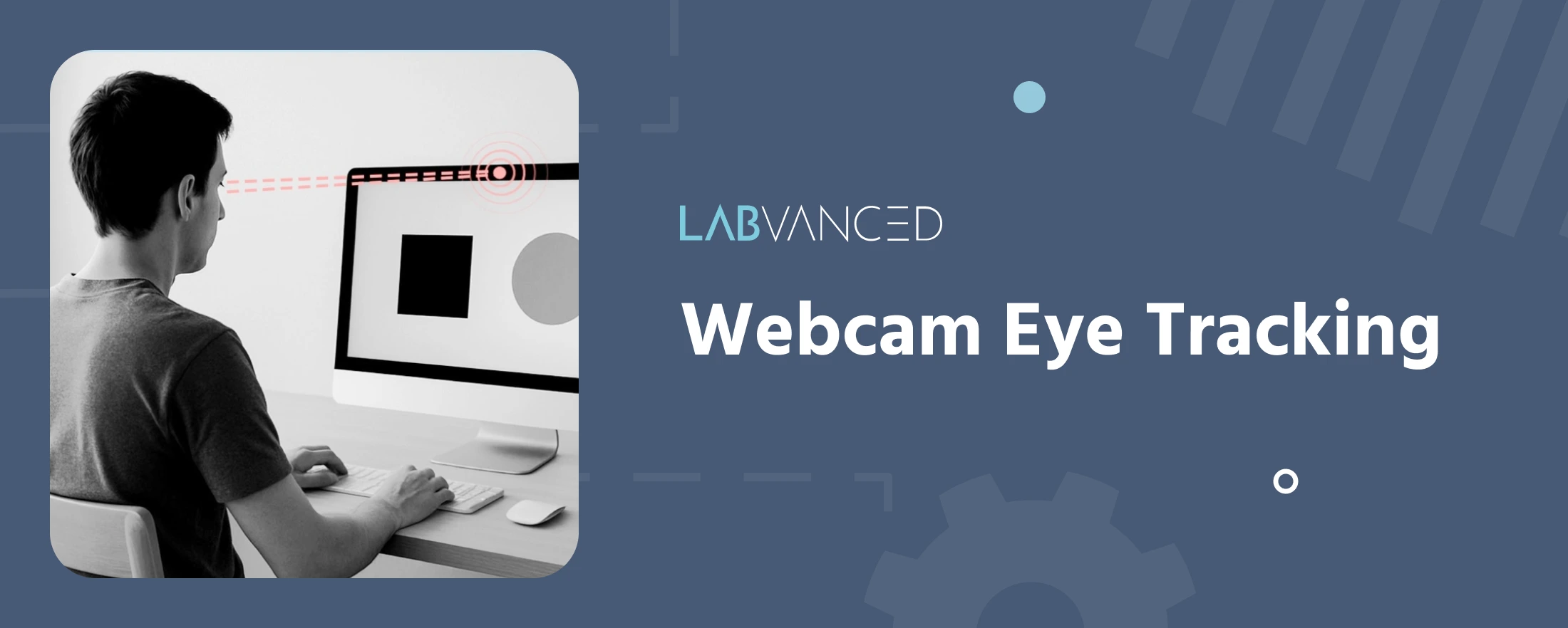 A participant sitting in front of a computer looking at two shapes as a part of the psychology experiment where webcam eye tracking is activated to measure gaze data.