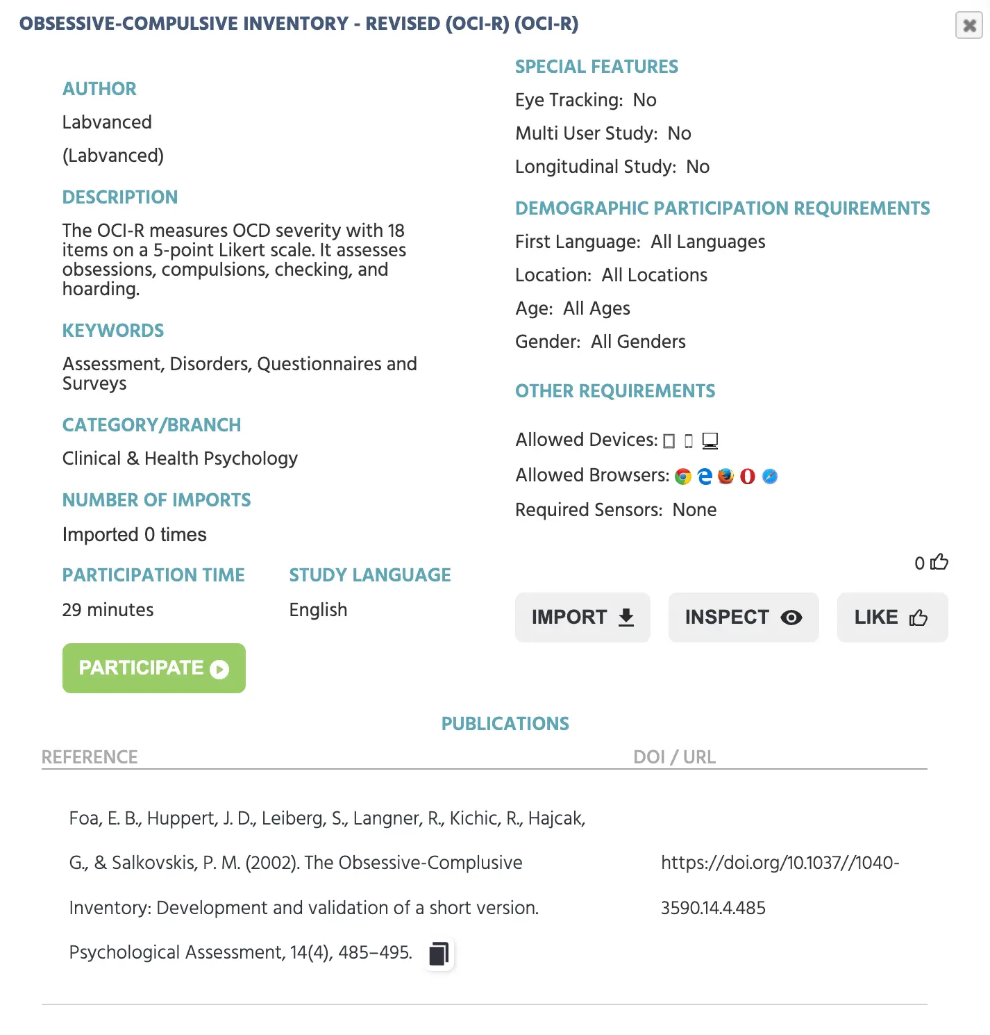 Der OCI-R zur Durchführung von Online-Fragebögen auf der Labvanced-Plattform.