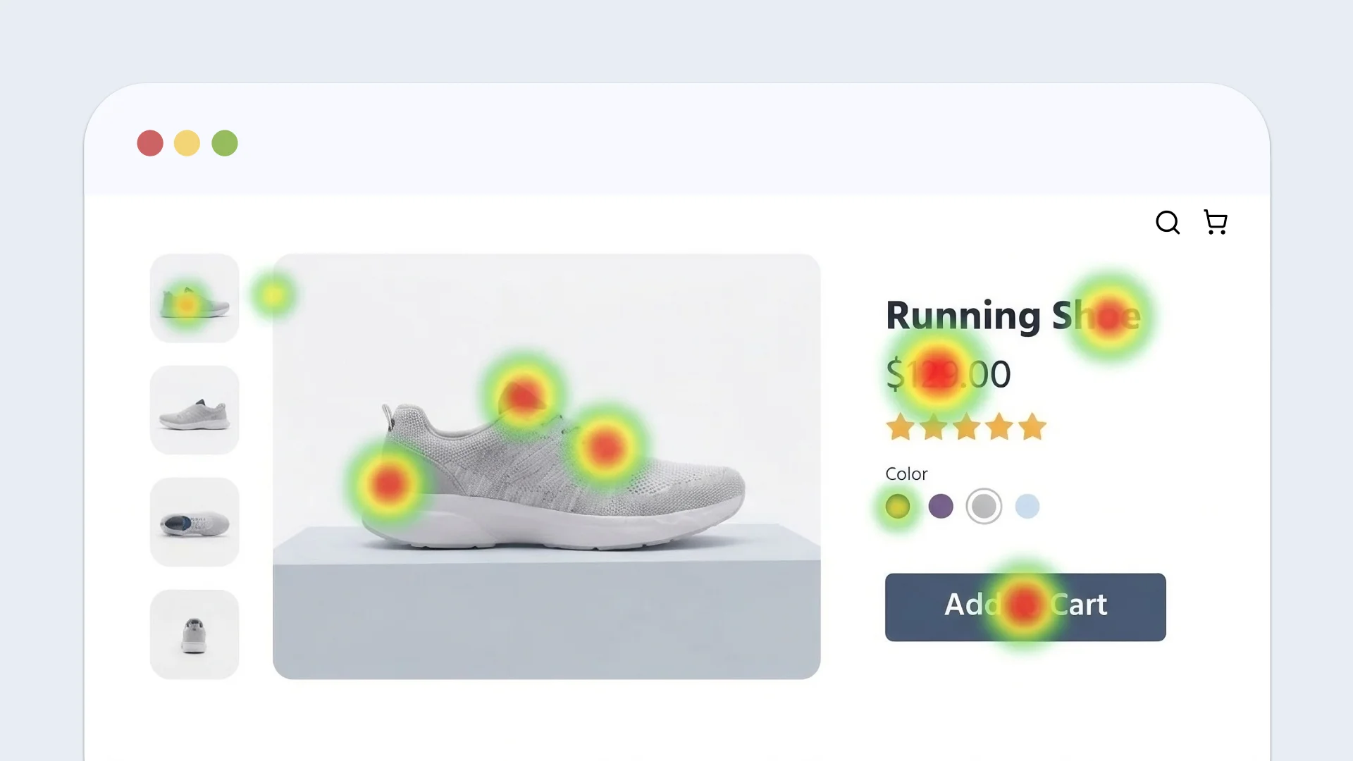 Page produit de chaussure de sport fictive avec une carte thermique sur la photo de la chaussure, le nom du produit, le prix, les échantillons de couleur et le bouton Ajouter au panier